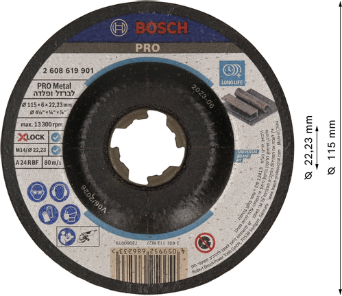Disco de amolar Bosch PRO Metal X-Lock de 115 mm para metal.
